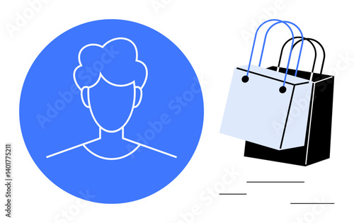 Avatar in blue circle next to shopping bags with handles. Ideal for e-commerce, customer service, online shopping, retail businesses, digital marketing, user profiles, internet services. Abstract