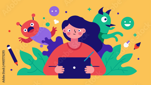 Digital Creativity An individual with a tablet drawing digital art with a stylus surrounded by a burst of colors and imaginative creatures showcasing how technology enhances