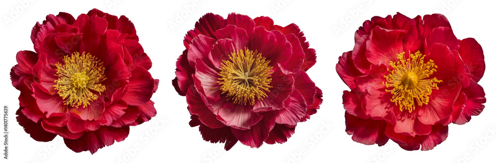 three red peony flowers isolated on white background three red peony flowers isolated on white background