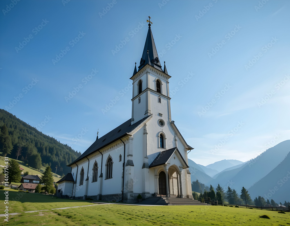 Historic Church Building with Spire and Mountain Backdrop on Sunny Day Historic Church Building with Spire and Mountain Backdrop on Sunny Day