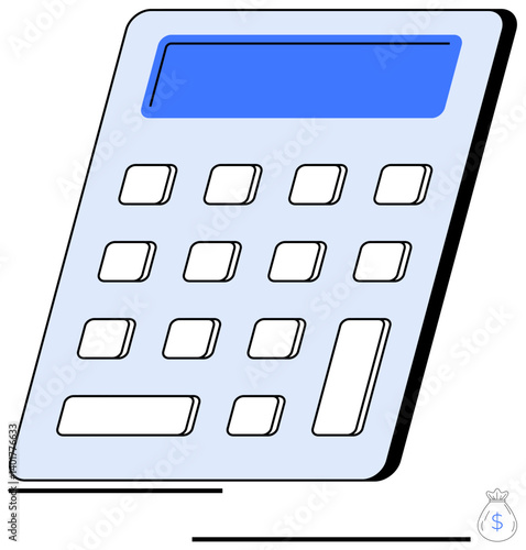 Calculator with buttons and a blue display screen emphasizes calculation, budgeting, or financial app themes. Ideal for finance, accounting, taxes, savings, investments planning education. Flat