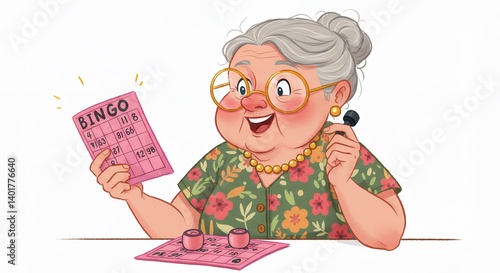 Elderly woman playing bingo illustration