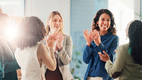Tableau sur toile Happy women, meeting and applause with congratulations for achievement or winning at office