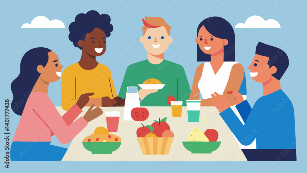 Group Gathering A diverse group of friends gathered around a picnic table outdoors enjoying a homemade meal and sharing laughter with a basket of fruits and snacks in the center. Group Gathering A diverse group of friends gathered around a picnic table outdoors enjoying a homemade meal and sharing laughter with a basket of fruits and snacks in the center.