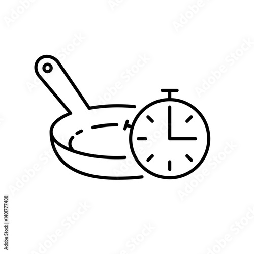 Preparation food icon set. Frying time with hot pan. Cooking logo, icon, symbol, badge, label, black, line, vector, isolated illustration.