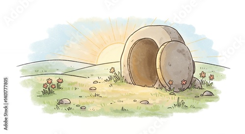 Empty tomb sunrise illustration religious graphic