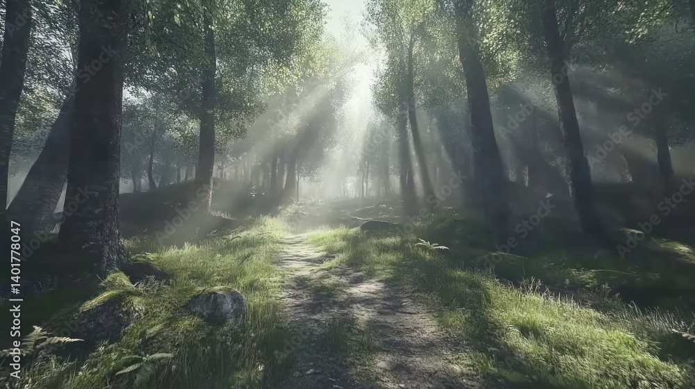 Obraz premium Sunbeams on a misty forest path