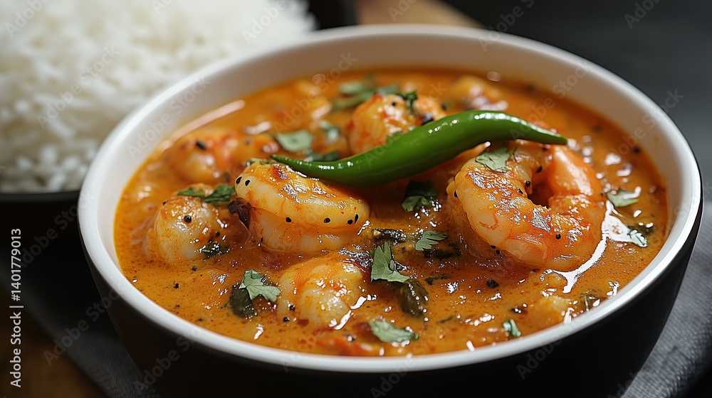 Shrimp Curry with Rice Bowl Garnished Green Chili and Coriander Shrimp Curry with Rice Bowl Garnished Green Chili and Coriander
