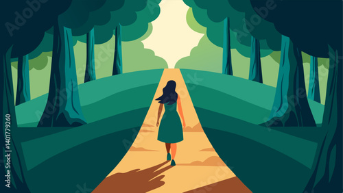 Journey to Freedom A path leading through a forest with a woman walking confidently down the trail. The sunlight filters through the trees symbolizing the journey toward safety and
