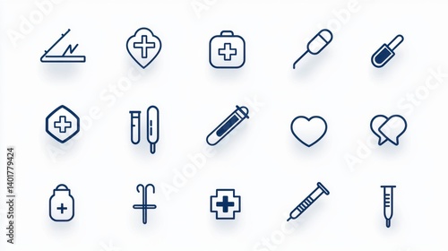 A set of 15 simple minimalistic line icons representing various medical and healthcare related elements including symbols for more