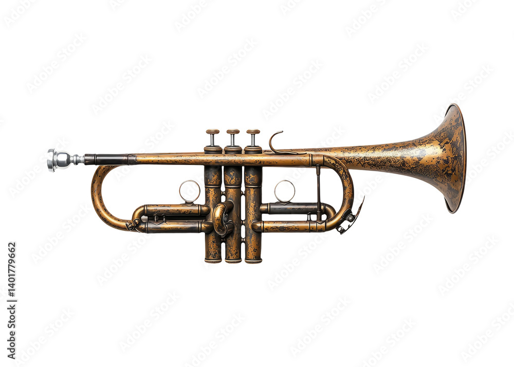 Obraz premium Vintage Trumpet Instrument with Rustic Finish and Detailed Brass Design