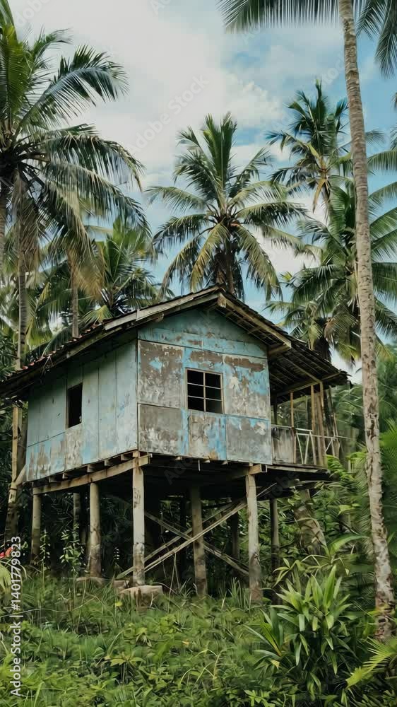 Rustic stilt house nestled among lush palms, weathered siding and wooden supports, jungle backdrop with tropical foliage and serene ambiance. Rustic stilt house nestled among lush palms, weathered siding and wooden supports, jungle backdrop with tropical foliage and serene ambiance.