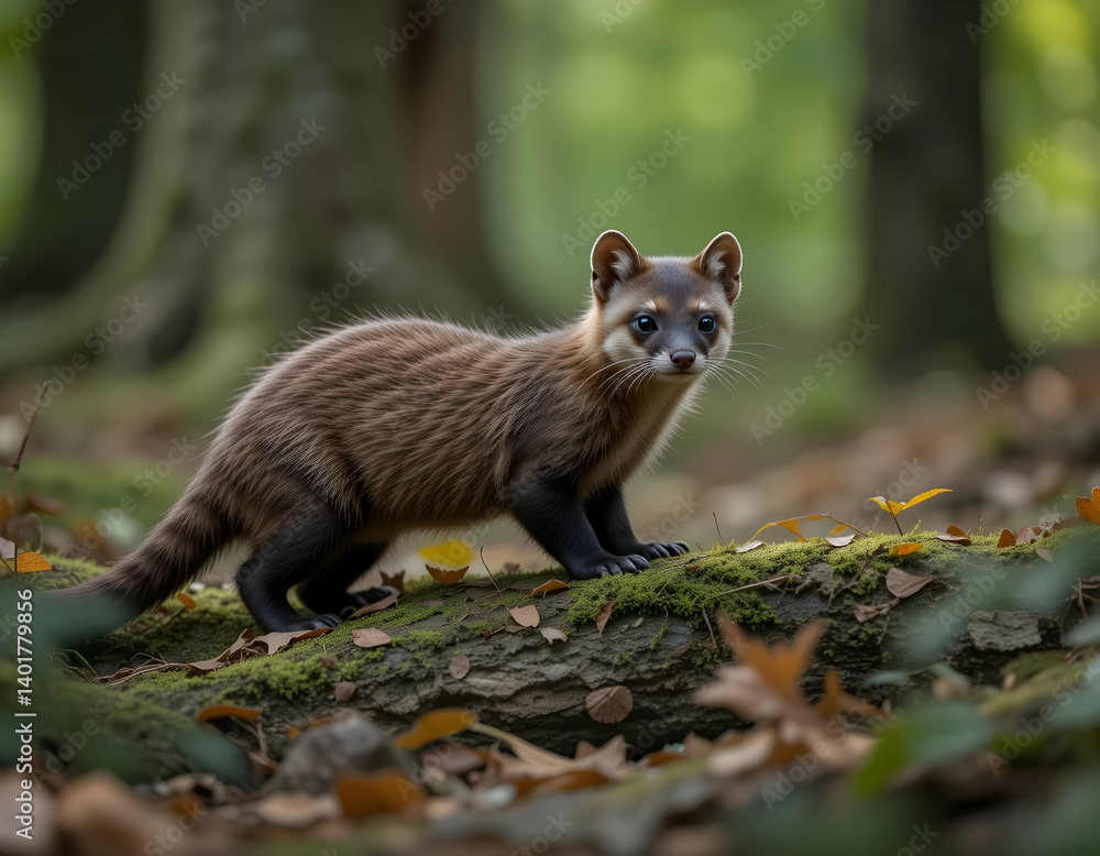 Fototapeta premium Marten Exploring Woodland Floor with Mossy Log and Fallen Leaves