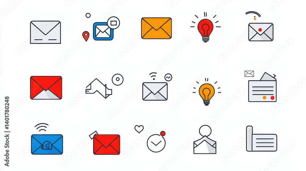 A set of minimalist icons representing various aspects of digital communication including email messaging attachments and notifications