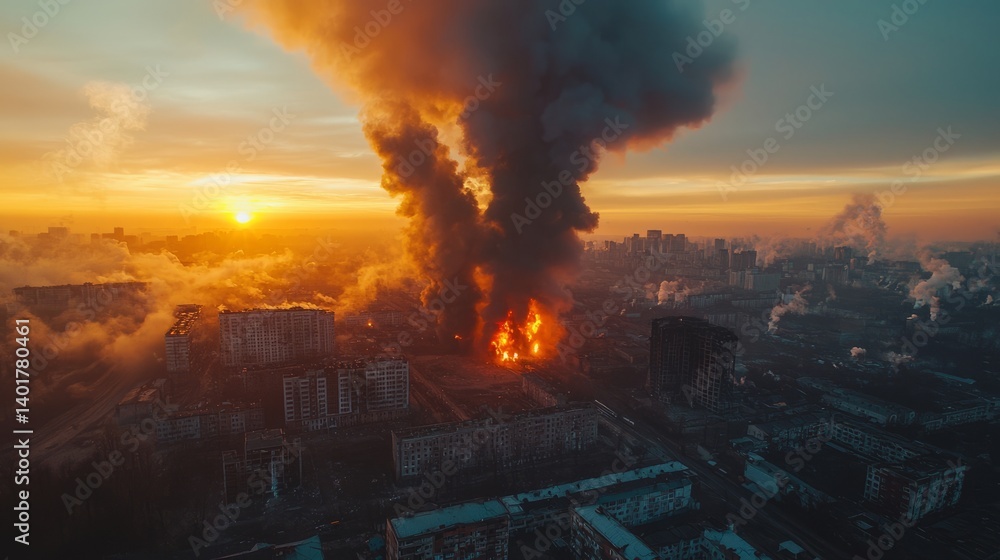 Intense Fire Erupts Amidst Smoke and Sunrise Over Urban Landscape Intense Fire Erupts Amidst Smoke and Sunrise Over Urban Landscape