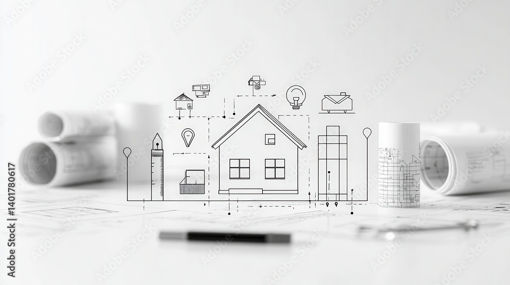 Minimalist blueprint style showcasing a collection of outline icons representing various real estate and construction related concepts and tools