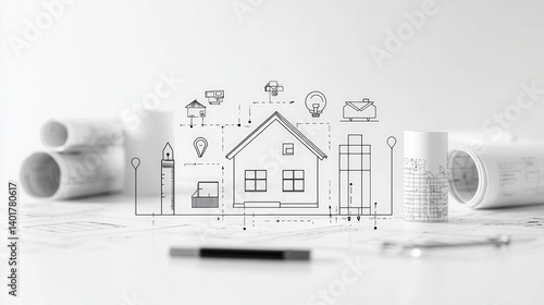 Obraz na płótnie Minimalist blueprint style showcasing a collection of outline icons representing various real estate and construction related concepts and tools w salonie