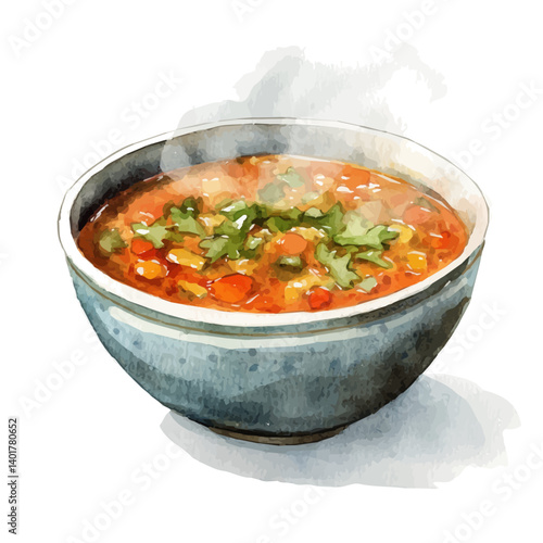 illustration of Steaming Bowl Of Soup, watercolor vector, isolated on a white background.