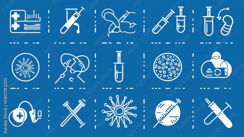 A collection of outline icons representing various medical laboratory equipment scientific tools and healthcare related objects such as test tubes flasks microscopes beakers and pipettes