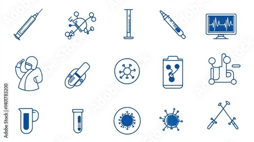 Obraz na płótnie A collection of outline icons representing various medical and healthcare related tools devices and concepts including syringes stethoscopes test tubes microscopes and monitors w salonie