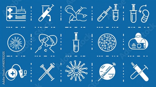 Obraz na płótnie A collection of outline icons representing various medical laboratory equipment scientific tools and healthcare related objects such as test tubes flasks microscopes beakers and pipettes w salonie