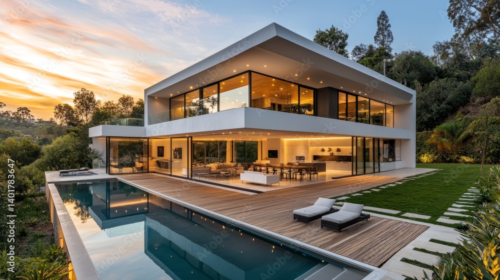 Obraz premium Modern Minimalist House with Pool and Scenic Sunset View