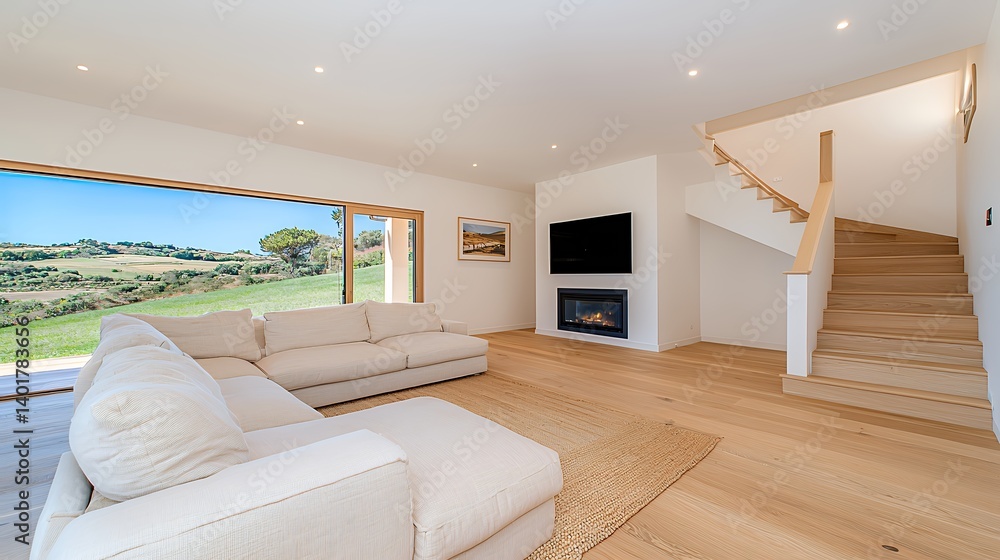 Fototapeta premium Bright And Airy Living Room With Large Windows Overlooking Scenic Landscape
