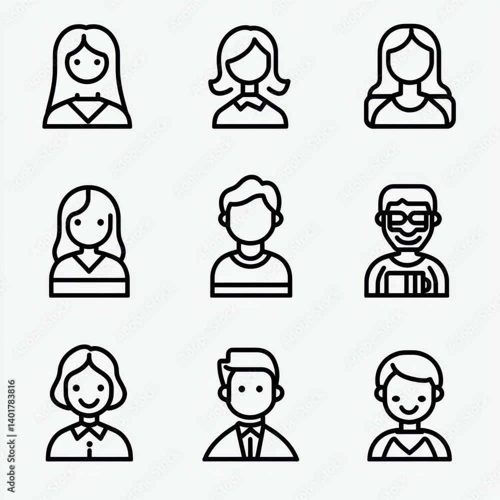 Collection of minimalist line art profile icons representing a diverse group of people in a business or professional setting Collection of minimalist line art profile icons representing a diverse group of people in a business or professional setting