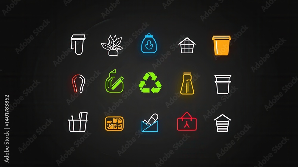 A collection of minimalist outline style icons representing various aspects of recycling environmental conservation and sustainability