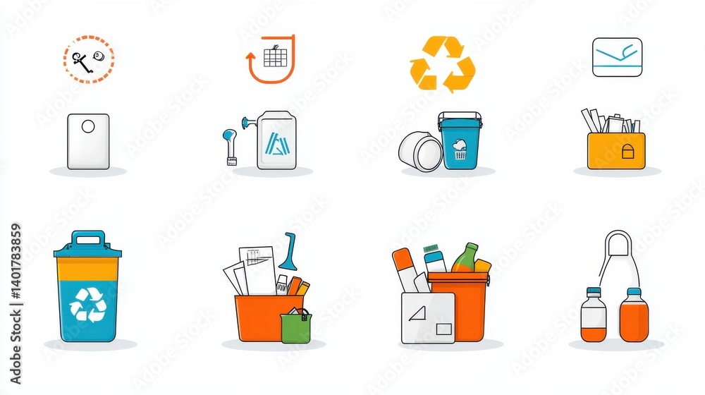 This image depicts a collection of outline icons representing various aspects of recycling environmental conservation and sustainability including waste management renewable energy