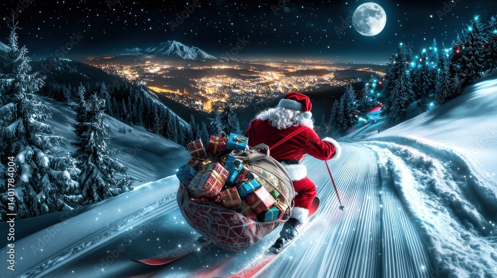 Santa Claus skiing down a snowy mountain slope under a starry night sky with a full moon surrounded by a winter wonderland of snow covered trees and a glittering city in the distance