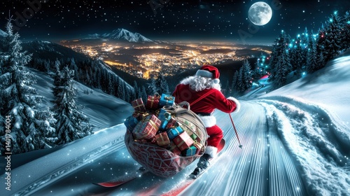 Obraz na płótnie Santa Claus skiing down a snowy mountain slope under a starry night sky with a full moon surrounded by a winter wonderland of snow covered trees and a glittering city in the distance w salonie