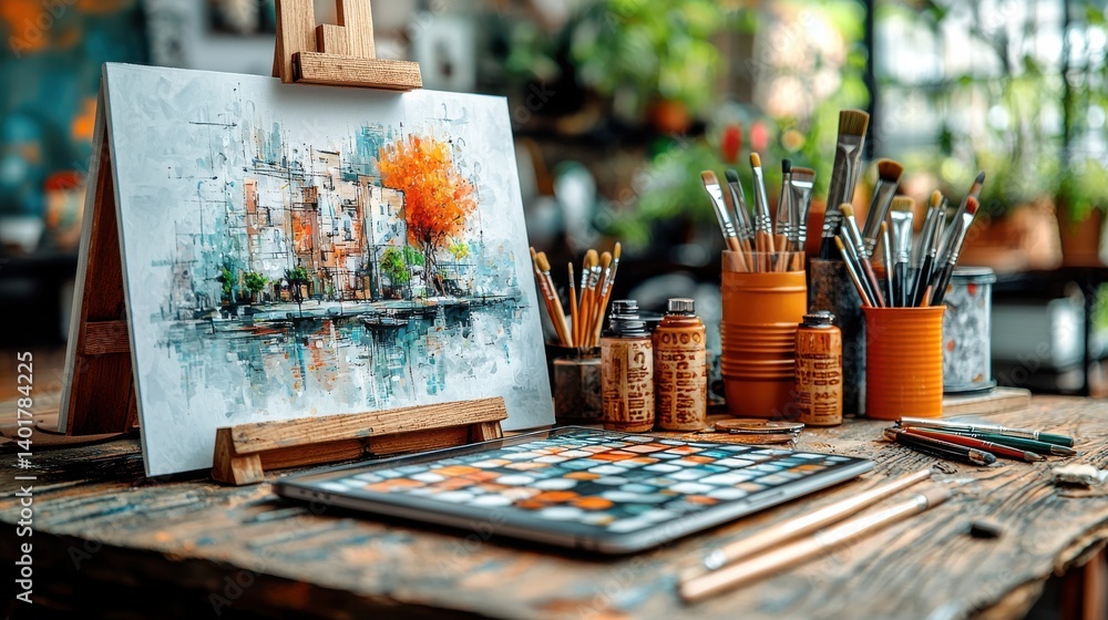 An workspace featuring a canvas brushes paints and other creative tools showcasing the tools and materials used in the process of making art