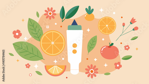 Holistic Skincare A holisticthemed design showing an exosomeinfused cream surrounded by flowers fruits and botanicals promoting a natural approach.