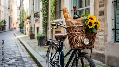 Fototapeta Naklejka Na Ścianę i Meble -  French vintage bicycle with baguette and wine in basket on Paris street – generative, AI