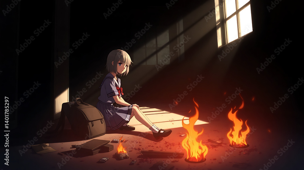 Fototapeta premium Anime Girl in an Abandoned Room, Atmosphere of Solitude and Contemplation, High-Resolution Wallpaper