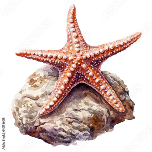 watercolor of Starfish With Five Arms On A Rock, vector, isolated on a white background.