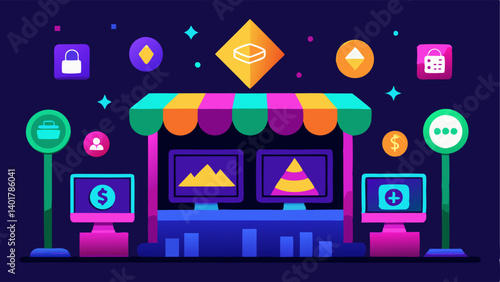 NFT Marketplace A vibrant marketplace filled with digital assets represented as NFTs displayed on virtual stalls showcasing how players can trade their gaming items.