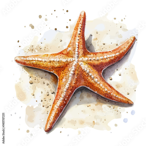 Starfish On A Sandy Ocean Floor, vector watercolor illustration, isolated on a white background.