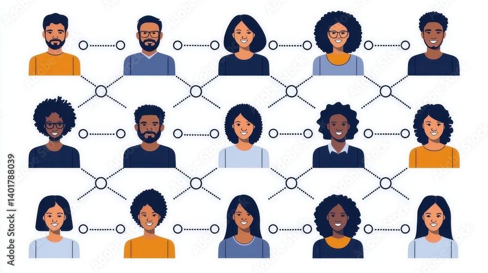 An depicting a diverse group of professionals connected in a collaborative network representing the various roles and contributions within an organization