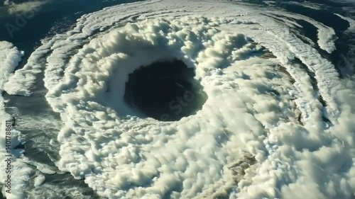 Aerial view shows a large hurricane system over the ocean with dense rotating clouds.