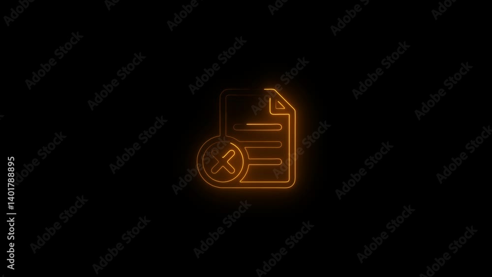 Glowing neon delete file document neon line icon. Bright neon line rejected icon animation on black background Glowing neon delete file document neon line icon. Bright neon line rejected icon animation on black background