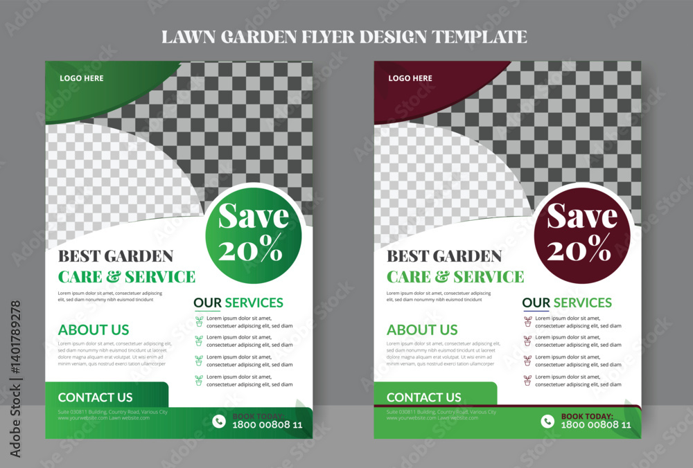 Obraz premium Lawn and gardening service flyer design template. Tree and gardening service poster leaflet design. lawnmower flyer template Agricultural and farming services social media post lawn gardening design.