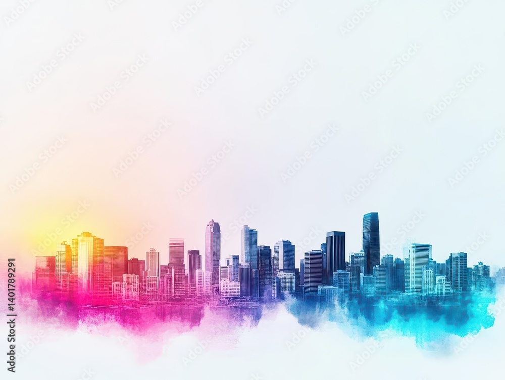 Obraz premium Vibrant City Skyline at Dusk with Bright Blue and Pink Hues Creating a Breathtaking Urban Landscape Illuminated by Dazzling City Lights and Twilight