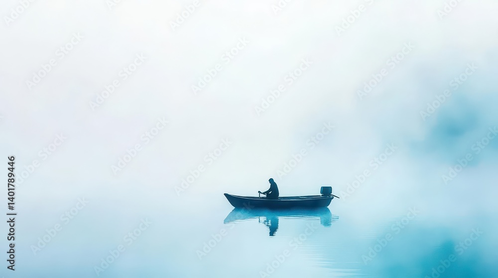 A solitary man rowing gently in a serene lake surrounded by lush greenery under a bright blue sky creating a peaceful outdoor escape atmosphere A solitary man rowing gently in a serene lake surrounded by lush greenery under a bright blue sky creating a peaceful outdoor escape atmosphere