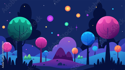 Nighttime Oasis A captivating illustration depicting a whimsical forest illuminated by trees whose foliage consists entirely of bright starlike orbs. The stars radiate different