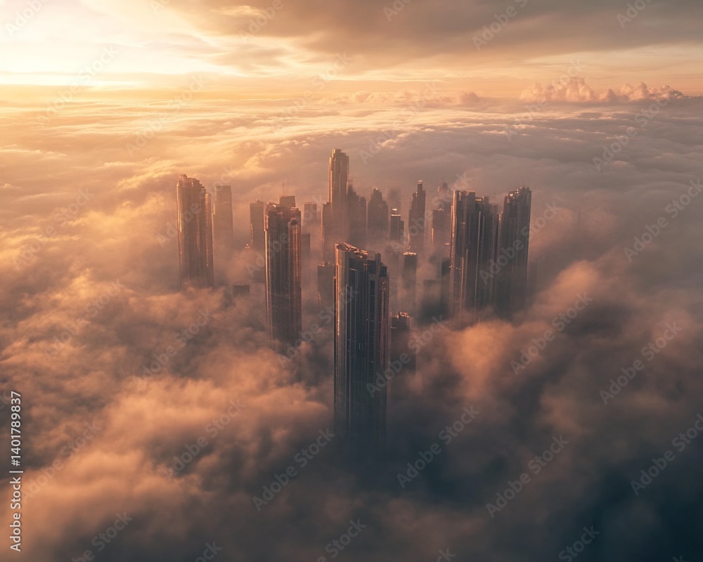 Skyscrapers Emerging from Sunrise Cloudscape Skyscrapers Emerging from Sunrise Cloudscape