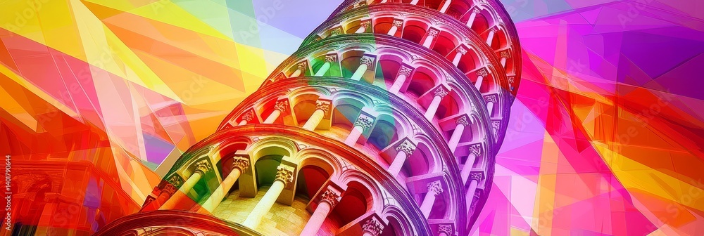 Abstract image featuring rainbow colors and geometric shapes with a bright background.