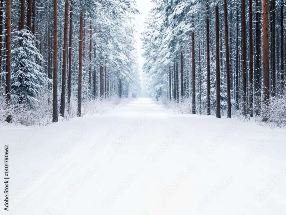 Naklejka premium Tranquil Snowy Road Winding Through Lush Green Forest Surrounded by Majestic Pine Trees Under a Clear Blue Sky Eliciting a Sense of Calm and Adventure