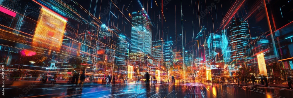 Cityscape with tall buildings illuminated with colorful lights at night.